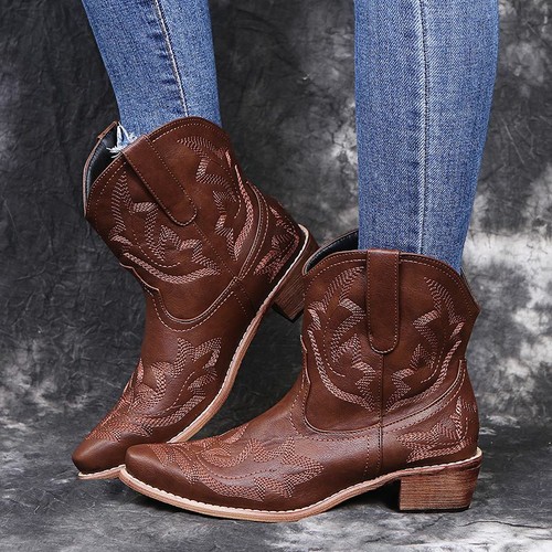 Botote western femme cheville cowgirl cowboy talon bas bout pointu orteil broderie - Photo 1 sur 18