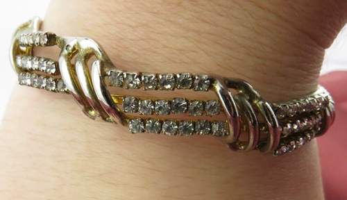 Vtg. Goldtone Prong Set Clear Rhinestone Bangle Bracelet Elegant Classic - Afbeelding 3 van 12