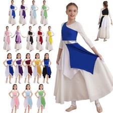 Kids Girls Color Block Asymmetrical Praise Dance Dress Lyrical Ballet Dancewear