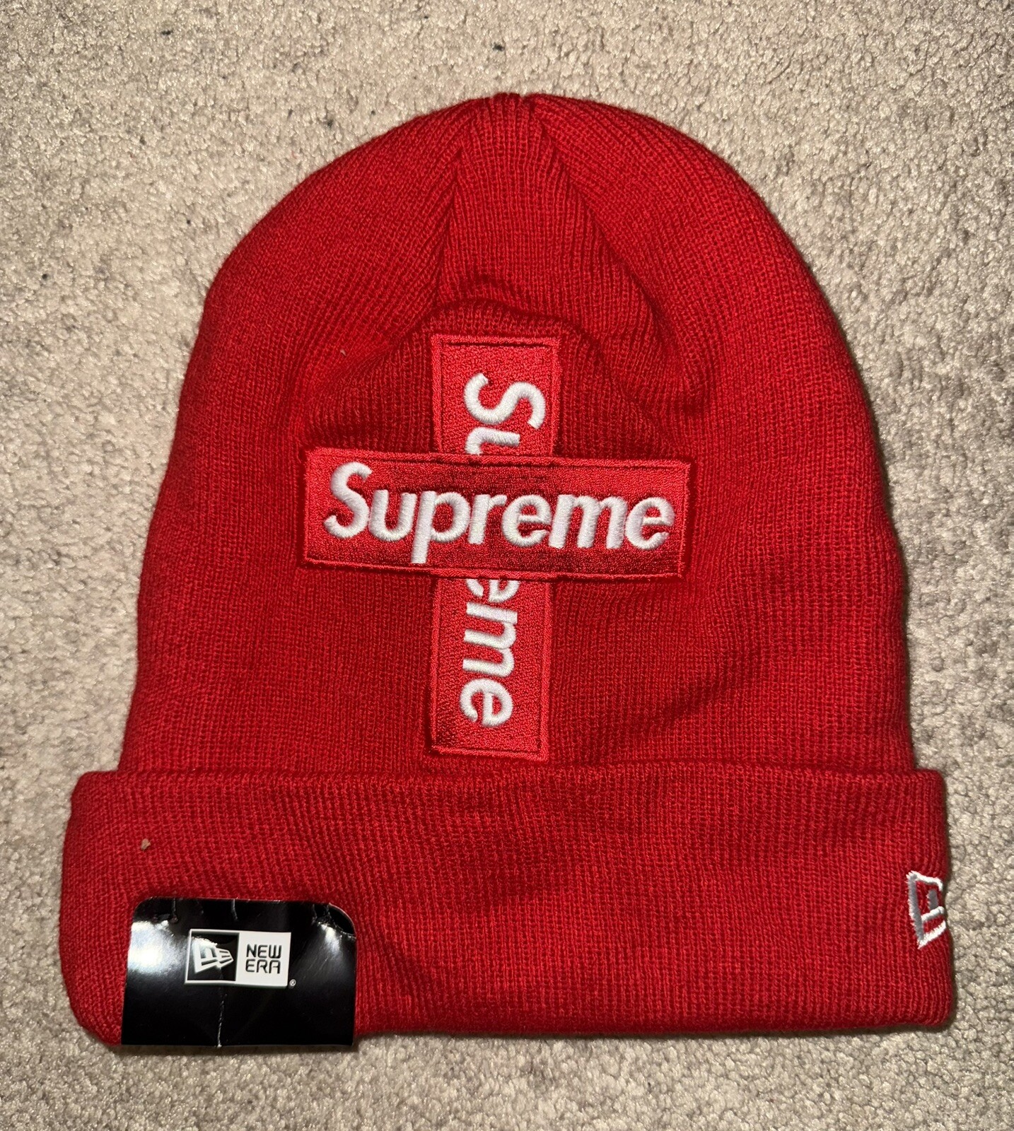 FW20 Supreme x New Era Cross Box Logo Beanie Red/White Brand New W Tags