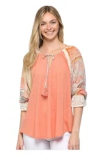 UMGEE GiGio Boho Linen Blend Top Women’s Size M Peach Paisley Sleeve Peasant Top
