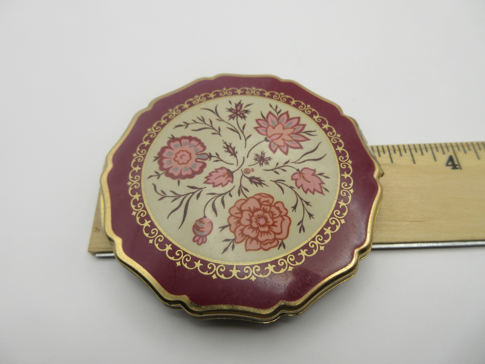 Vtg Stratton England Burgundy Floral Rose Powder Compact w/ Mirror Gold UK
