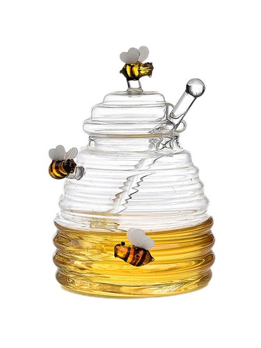 Honey Jar Glass Honey Dispenser Glass Honey Jar With Dipper Lid Kitchen - Picture 10 of 11