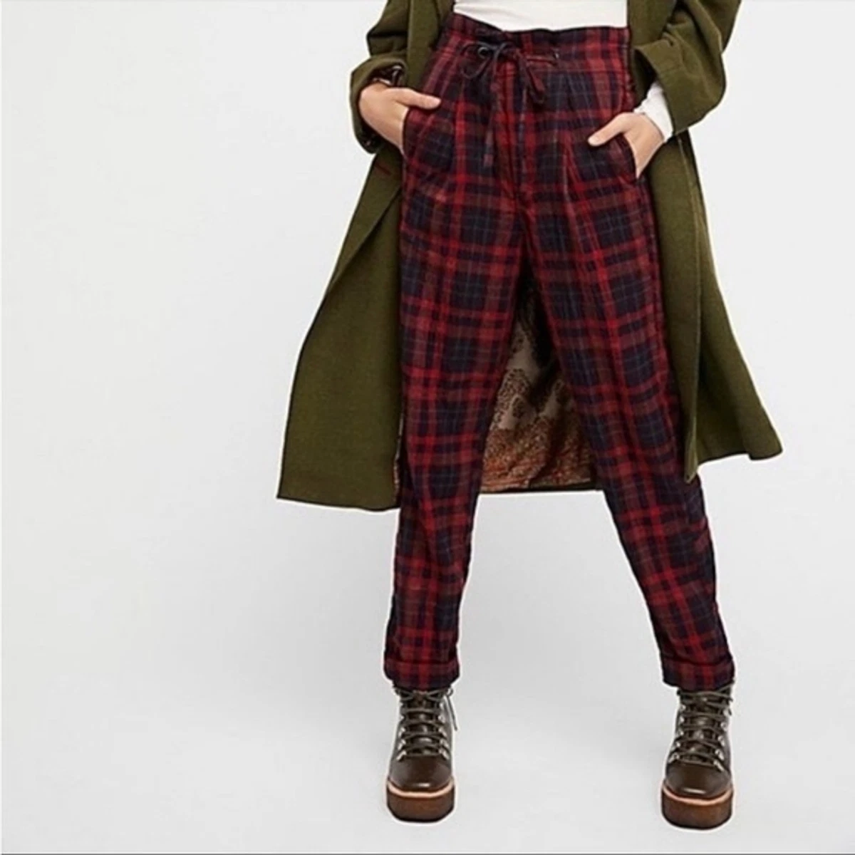 Red tartan paper bag trousers sale