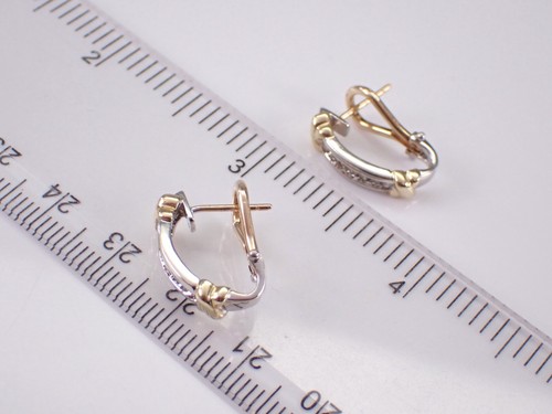 Two Tone Gold Diamond Half Hoop Earrings White and Yellow Omega Clasp Setting - Picture 5 of 5