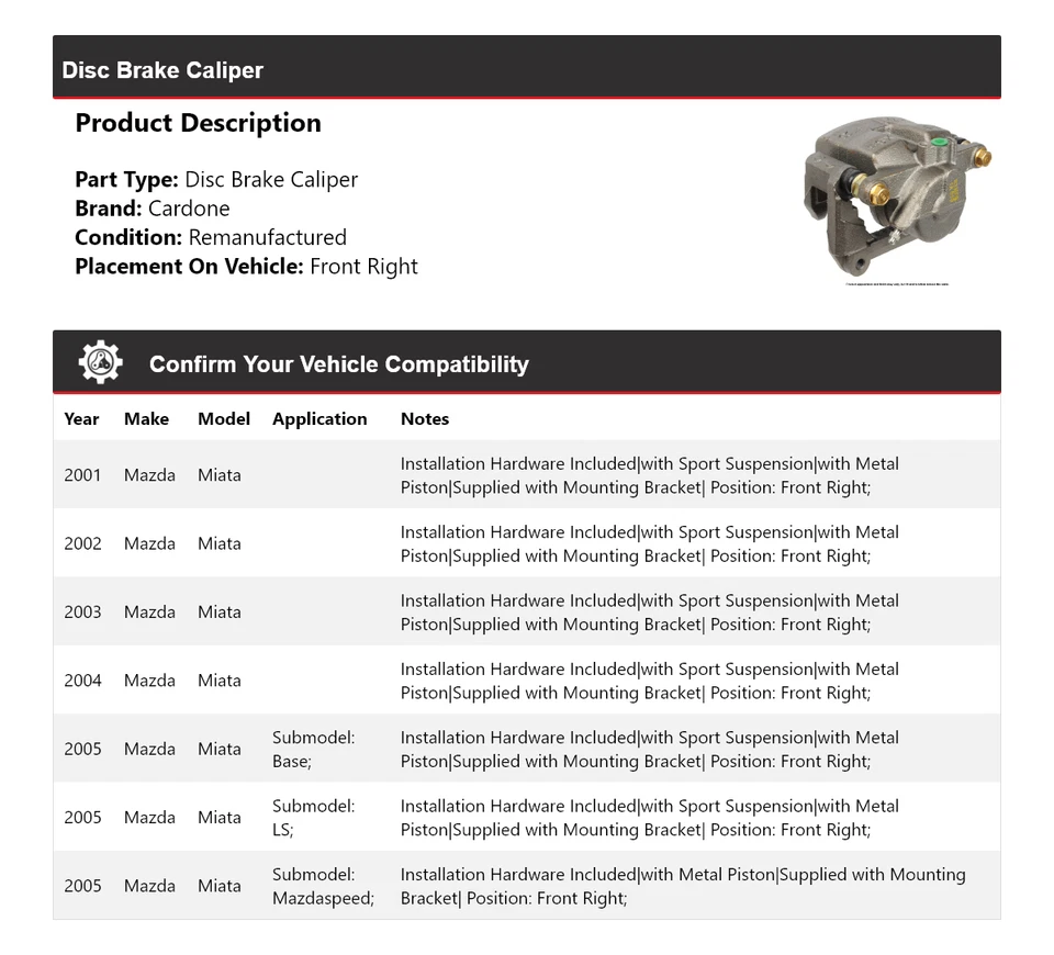 Pinza de freno de disco delantera derecha cardone 2002 2003 2004 para Mazda Miata 2001-2005 Foto 2 de 4