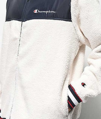 champion cream sherpa baseball jacket