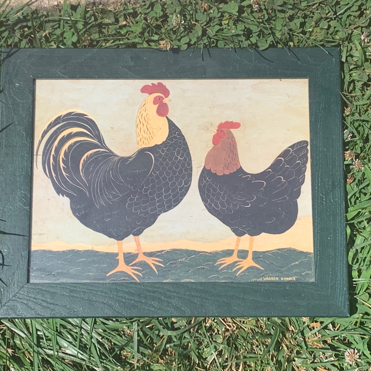RE・BIRTH Ⅱ THE ROOSTERS WARREN KIMBLE - Country Rooster & Hen Primitive Folk Matted Framed