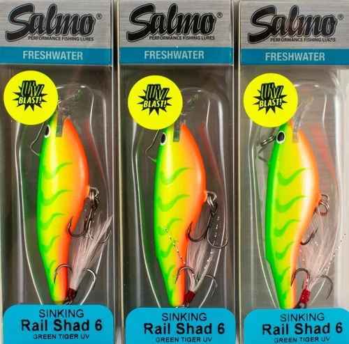 (LOT OF 3) SALMO RAIL SHAD 6 SINKING 1/2OZ QRB025 GREEN TIGER UV B7374