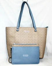GUESS Roman Signature Bag Tote Zip Pouch Khaki Tan Blue Double Handle