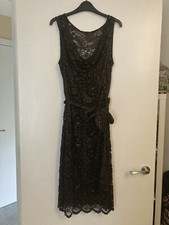 Phase Eight Brown Floral Lace Sequin Occasion Dress SIZE 14 Cowl Neck Beaded