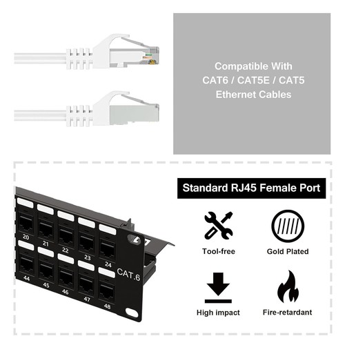iwillink 48 ports RJ45 coupleur traversant Cat6 panneau de brassage UTP, montage mural ou... - Photo 3/6