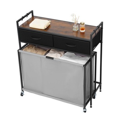 Uimoso 3-Section Rolling Laundry Sorter Organizer Cart Drawers, Hooks, Wheels