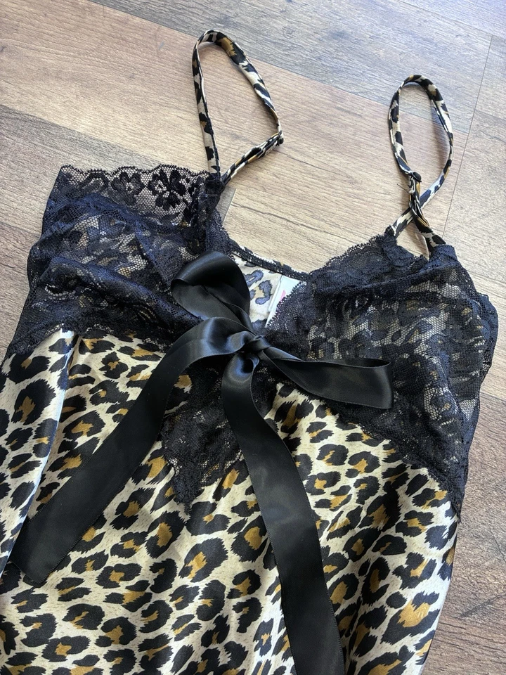 Vintage Leopard Cheetah Satin Lace Lingerie Babydoll Mini Slip Dress Large Y2K - Image 2 of 4