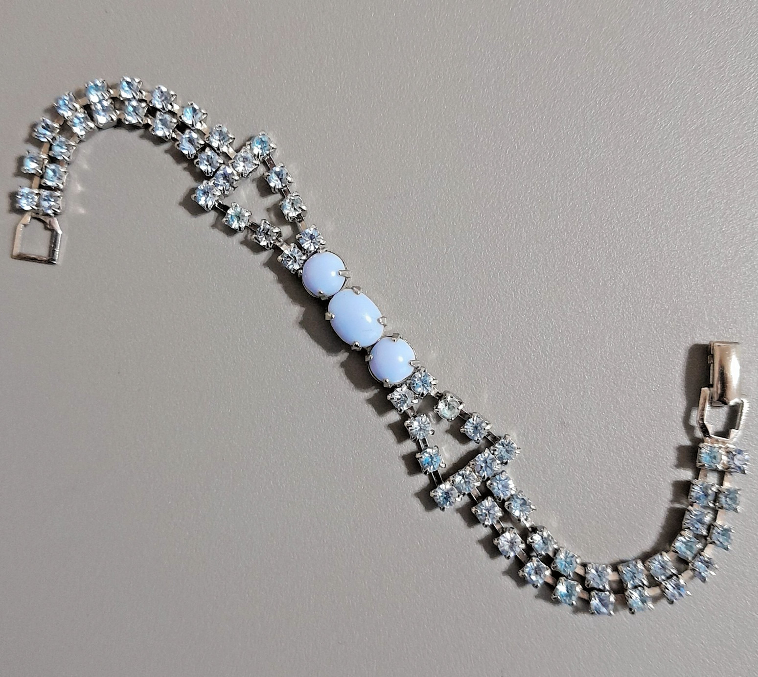 Vintage Blue Rhinestone Bracelet - Blue Milk Glass - 1950s Deco Revival Design