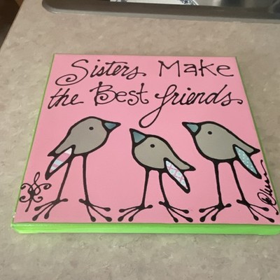 Nelson Signed Naive Art Canvas Painting 'Sisters Make the Best Friends' Birds