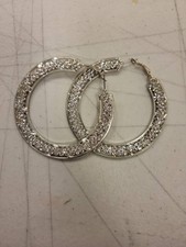 Silver Tone Hoop Earrings Rhinestone Crystal Fashion Jewelry 2 Inch Diameter