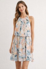 Lush Blouson Chiffon Mini Sleeveless Halter Skater Dress Multicolor SM.