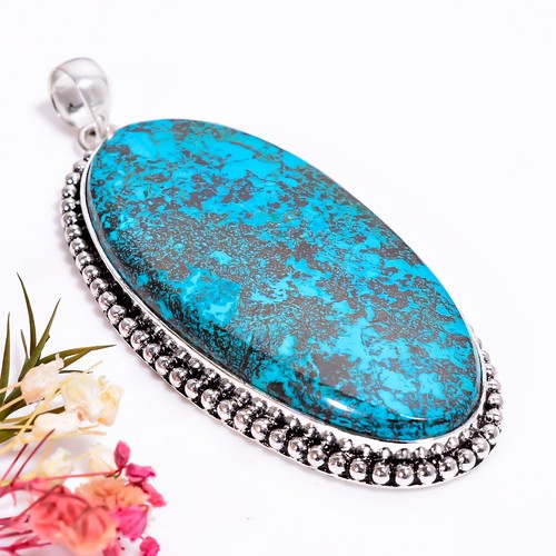 Azurite Gemstone Vintage Handmade Jewelry.925 Silver Plated Pendant 3" GSR-9038