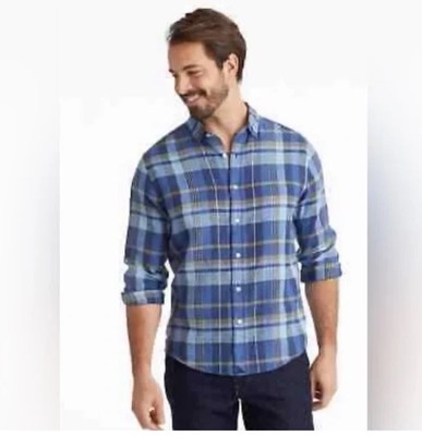 Untuckit Linen Shirt Mens M Blue Plaid Wrinkle Resistant Long Sleeve Tribuno WR