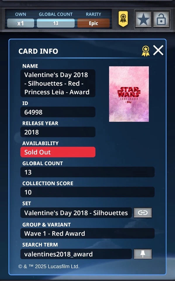 Star Wars Card Trader Valentine's Day Silhouettes Red Princess Leia Award 13cc - Image 3 of 3