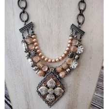 Vintage-Style Ornate Peach Pewter Beaded Multi-Strand Statement Necklace ~18"