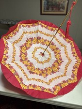 Vintage Red Floral Gold Handle Umbrella Parasol