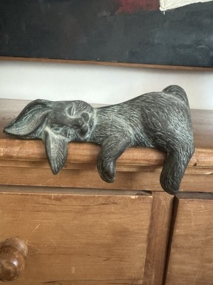 Vintage Cast Metal Sleeping Bunny Rabbit Shelf Sitter, Bookcase Animal Decor