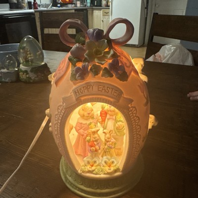 Vintage Easter Lighted Porcelain Easter Egg Lamp Filled w/ Bunnies & Flowers