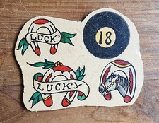 antique vintage tex rowe cowgirl horse shoe luck texas flag tattoo flash 4x5