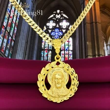 Jesus Religious Pendant & 14K Stamped 6mm 20" 24" Brass Cuban Chain Necklace