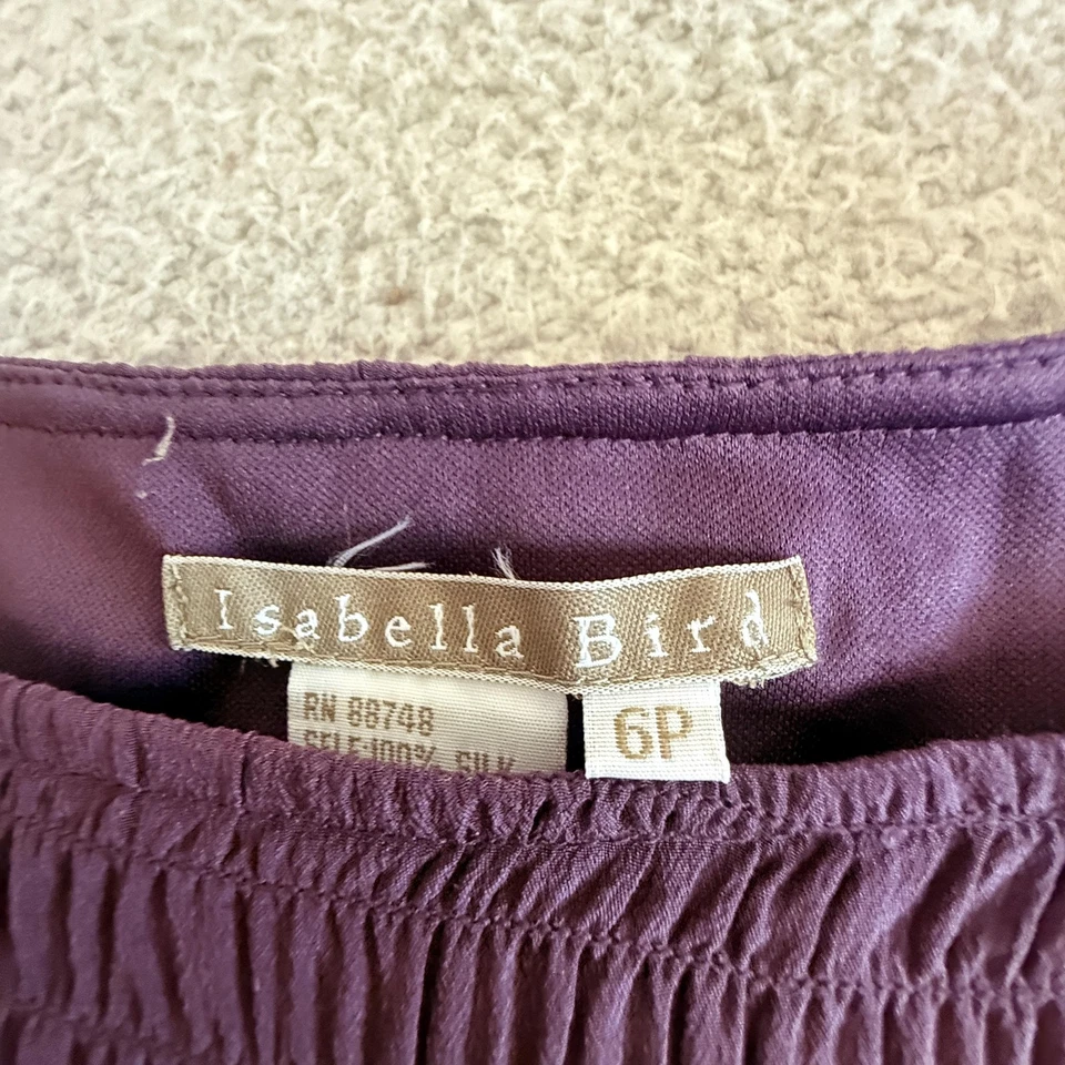 Vestido Isabella Bird para mujer 6P púrpura seda arrugado midi manga campana texturizado Foto 2 de 4