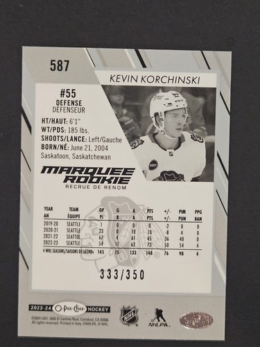 23-24 Kevin Korchinski Marquee Rookie Rainbow Variant #/350 🌈🌈🌈 Blackhawks - Picture 2 of 3