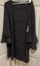 NWT Tacera Gray Knit Dress 2X Metal Stud Double Bell Sleeves Scoop Neck New 