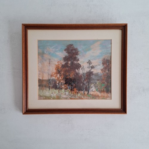 Original óleo pastel paisaje 1948 árboles bosque pintura boceto firmado NEEDHAM - Imagen 9 de 10