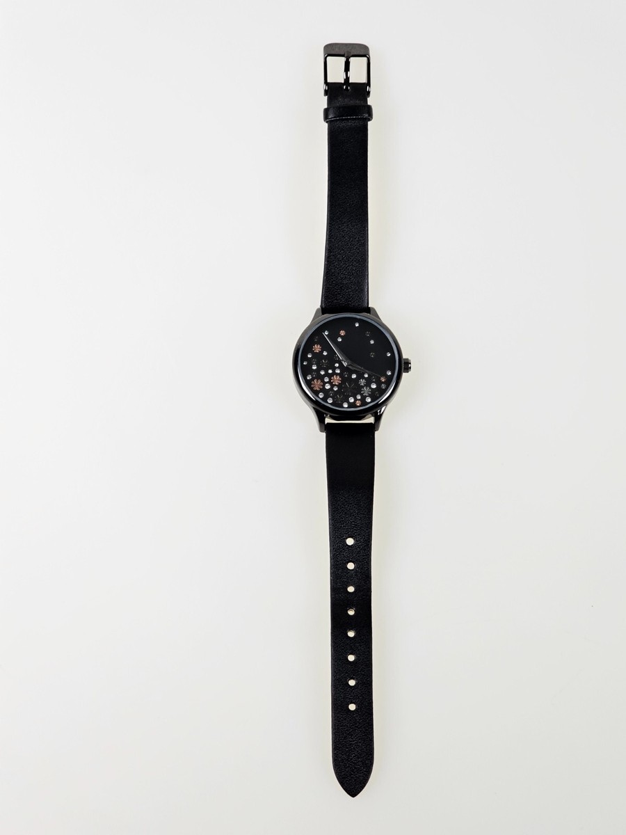 Time & Tru FMDOTT034 Flowers Crystals Black/Silver Tones  display picture 1