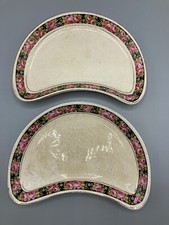 Pair Of Antique Soho Pottery Cobridge Rose Design Half Moon Dishes (D8)