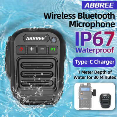 ABBREE Wireless Bluetooth Waterproof IP67 Handheld Speaker Mic For Walkie Talkie