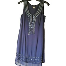 Venus Womens Blue Beaded Shift Dress Size 6 Sleeveless Knee Length Evening