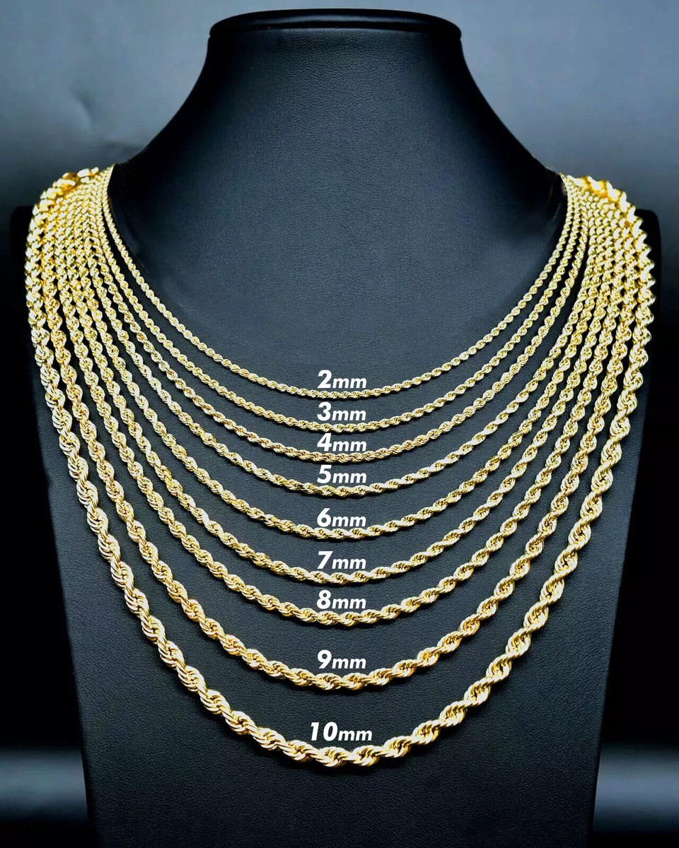 10K Yellow Gold 2MM-8MM Diamond Cut Rope Chain Necklace 16