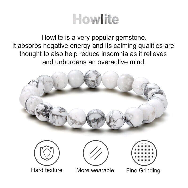 White Marble Howlite Stone Bead Bracelet- 10mm