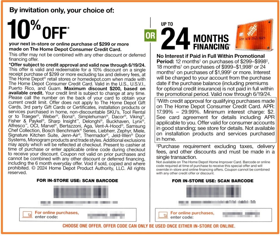 HOME DEPOT Coupon 10 Off Online / In Store OR 24 Months Financing, Exp 06/19/24 eBay