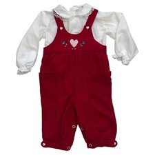 Vintage Tiny Tots Original Size 6-9 Months Red Corduroy Outfit Overalls Shirt