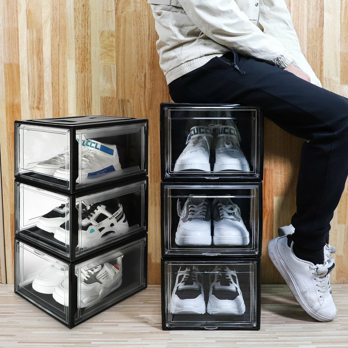 HAC24 Schuhbox Stapelbar Schuhorganizer Bis Gr.47 Aufbewahrungsbox Schuhe Kunststoffbox Schuhkasten Schuhkarton (12er Set, Schwarz