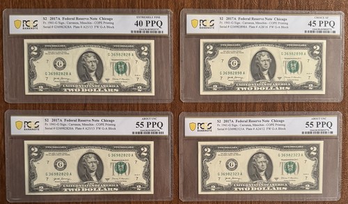 4 PIECE LOT $2 2017A FEDERAL RESERVE NOTES CHICAGO FR.1941-G PCGS 40PPQ ...
