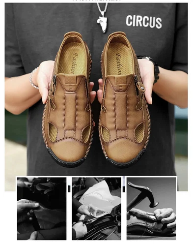 Sandálias masculinas confortáveis respiráveis chinelos de praia planos tênis clássicos feitos à mão - Foto 15 de 26