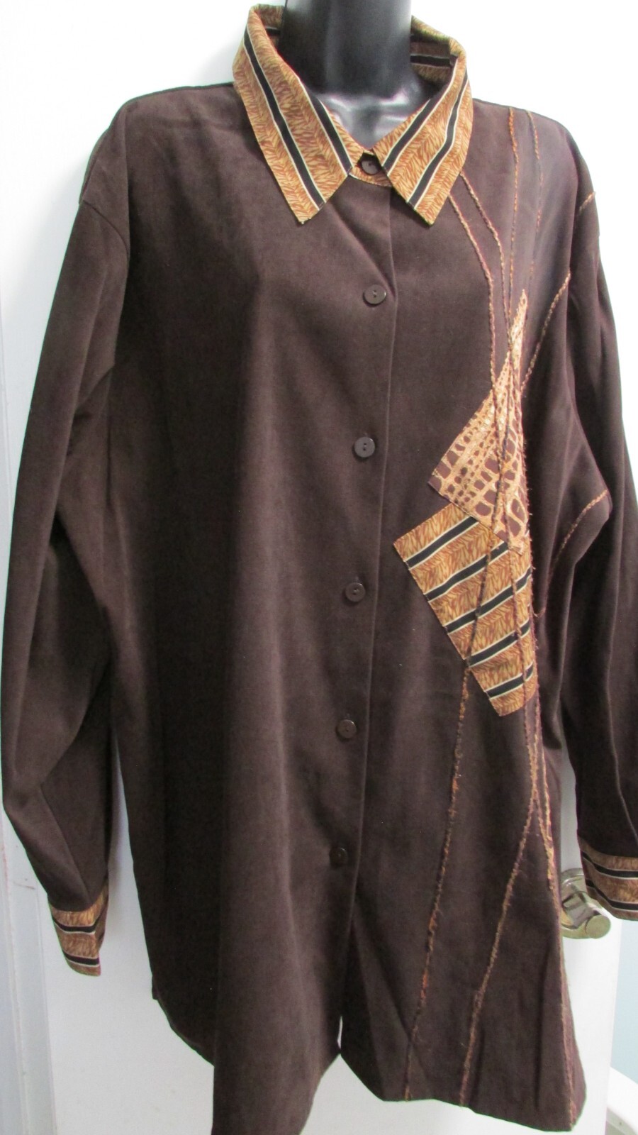 Women's 3X Brown Patchwork Collar Button LS Shirt… - image 5