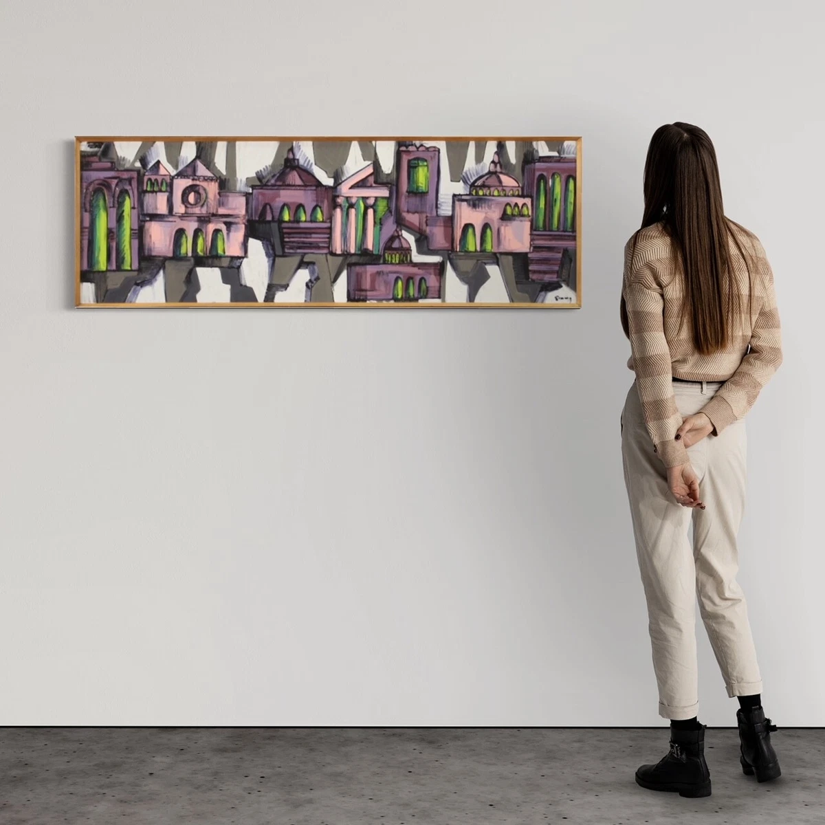 Cuadro firmado pintura paisaje ciudad vista arte moderno decoraciòn años 70