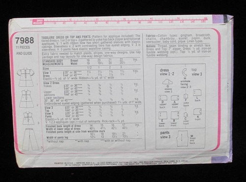 Dress or Top & Pants Sewing Pattern Size 1 Toddler Child Vintage 7988 Simplicity - Picture 2 of 2