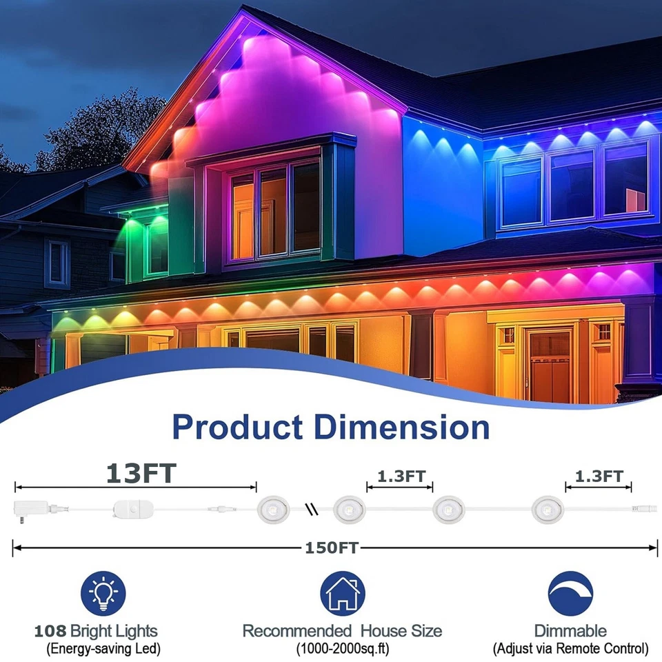 Permanent Outdoor Lights RGB 150ft with 108 LEDs IP67 Waterproof LED Eaves Light - Image 3 of 4